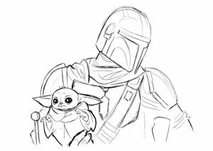 Раскраска Мандалорец и малыш Йода