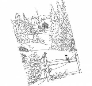 Раскраска зимний лес птички и дом с дымом из трубы