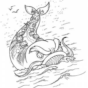 Раскраска деревня на спине у кита