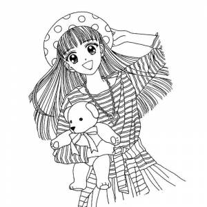 Раскраска девушка аниме с плюшевым мишкой