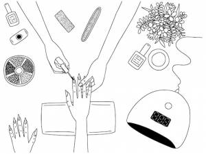 иллюстрация маникюра сеанса раскраски страницы ручной обращается маникюрный салон процесс вид сверху векторная иллюстрация