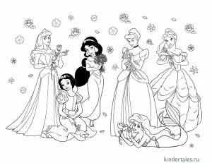 Принцессы Диснея с цветами» раскраска для детей