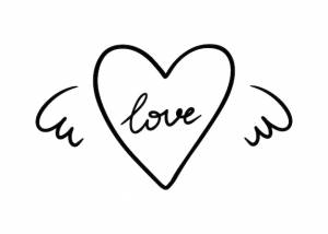 Сердце с крыльями и надписью love doodle linear cartoon книжка-раскраска