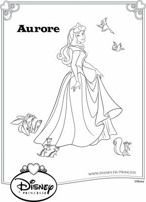 Раскраска Спящая Красавица в бальном платье и короне, с лесными друзьями