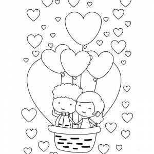 Раскраска Влюбленные летят на воздушном шаре и признаются друг другу в любви
