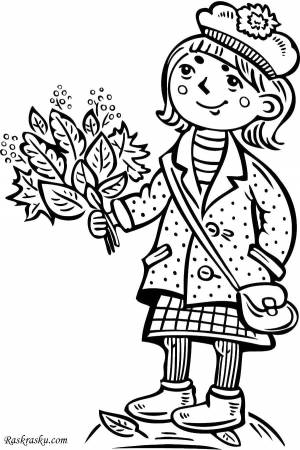 Раскраски листья, Раскраска Девочка с листьями Осень