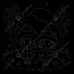 рисунок раскраски осень дети гуляют по лесу вектор PNG , осенний рисунок, рисунок крыла, рисунок кольца PNG картинки и пнг рисунок для й загрузки