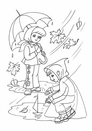 Раскраска Дети играют под дождем