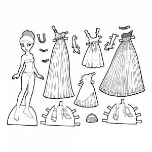 Раскраска Бумажная кукла с одеждой и драгоценностями