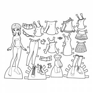 Раскраска Бумажная кукла с одеждой для вырезания с оборками и молниями