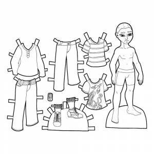 Раскраска Бумажная кукла мальчик с одеждой для вырезания
