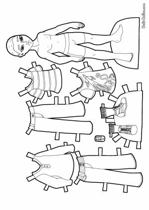 Раскраска Бумажная кукла мальчик с одеждой для вырезания