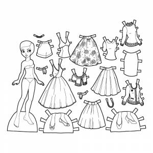Раскраска Бумажная кукла с одеждой для вырезания с розами