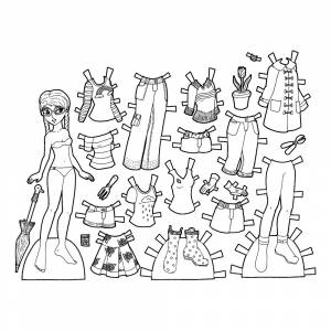 Раскраска Бумажная кукла с одеждой для дождливой погоды