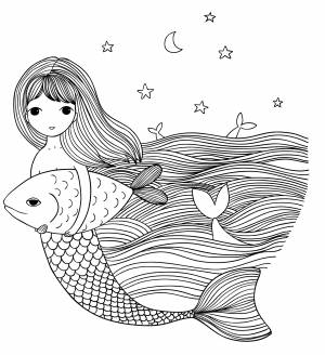 Раскраска Русалка с рыбой
