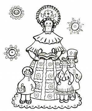 Раскраска Дымковская барышня с детьми