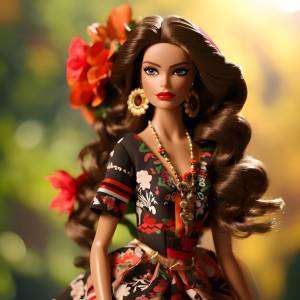 Милая шатенка барби в узорчатом платье на размытом зеленом фоне закрыть вид спереди