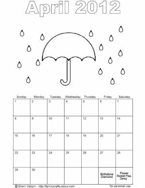 Раскраски апрель, Раскраска Апрель и зонт Календарь