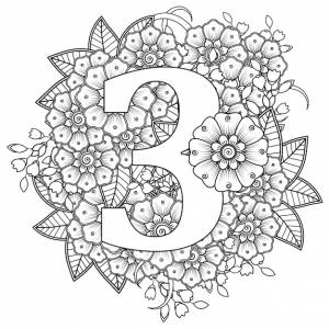 Раскраска цифра 3 с цветочным орнаментом менди в этническом восточном стиле