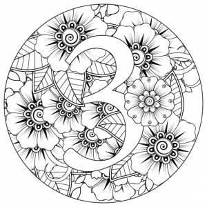 Раскраска цифра 3 с цветочным орнаментом менди в этническом восточном стиле