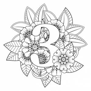 Раскраска цифра 3 с цветочным орнаментом менди в этническом восточном стиле