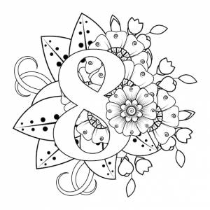 Раскраска цифра 8 с цветочным орнаментом менди в этническом восточном стиле