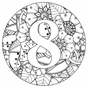 Раскраска цифра 8 с цветочным орнаментом менди в этническом восточном стиле