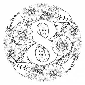 Раскраска цифра 8 с цветочным орнаментом менди в этническом восточном стиле