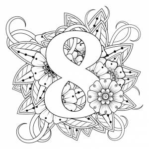 Раскраска цифра 8 с цветочным орнаментом менди в этническом восточном стиле