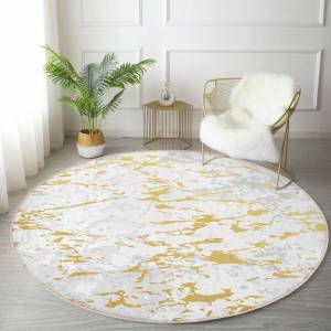Золотой детальный рисунок на серо-белом полу Цифровая печать Современная кремовая гостиная и гостиная Моющаяся нескользящая основа Круглый ковер