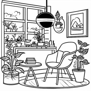 Раскраска мебель для стола и стула и интерьер комнаты