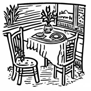 Раскраска мебель для стола и стула и интерьер комнаты