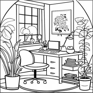 Раскраска мебель для стола и стула и интерьер комнаты