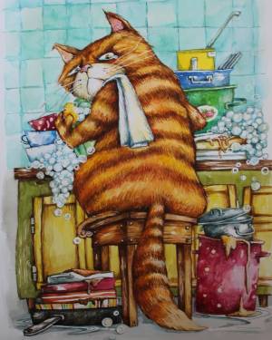 картину по номерам 40х50 VA-3155 «Кот моет посуду