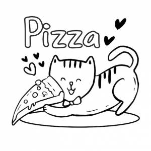 Раскраска с милым котом, держащим пиццу