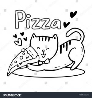Coloring Page Cute Cat Holding Pizza