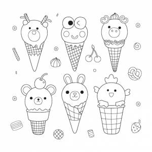 Раскраска милые животные, мороженое и десерты