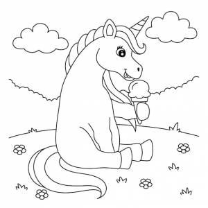 Раскраска единорог ест мороженое для детей