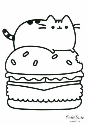Раскраска Pusheen Cat и огромный сэндвич