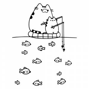 Раскраска Кот Пушин на рыбалке