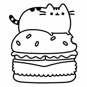 Раскраска Кот Пушин на чизбургере