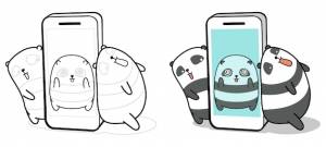 Раскраска мультяшная панда внутри смартфона и друзей для детей