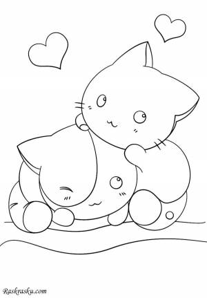 Раскраски Раскраска Два котенка и сердечки аниме