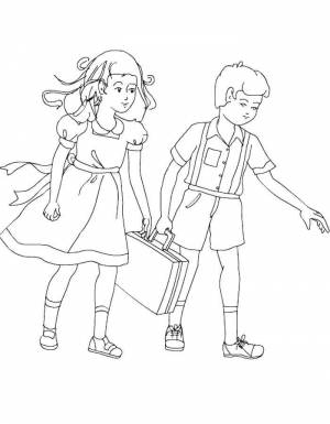 Раскраски Раскраска Мальчик и девочка идут в школу школа
