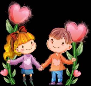 Рисунок, девочка, мальчик, сердечки