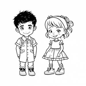 Вектор мальчика и девочки, рисующего очертания детской черно-белой книжки- раскраски