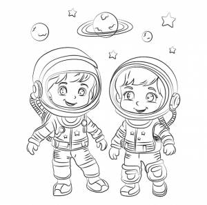 страница раскраски веселая маленькая девочка и мальчик-астронавты