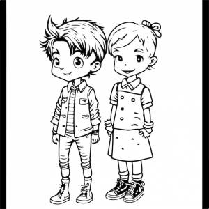 Мальчик и девочка рисуют контуры детской черно-белой книжки-раскраски