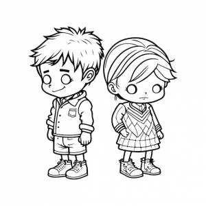 Вектор мальчика и девочки, рисующего очертания детской черно-белой книжки- раскраски