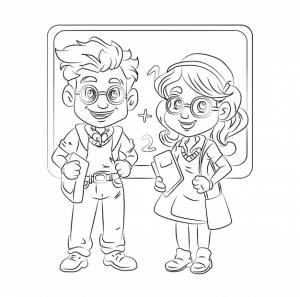 страница раскраски веселая маленькая девочка и мальчик учителя